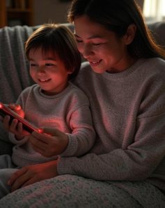 parent and child using a handheld red light therapy